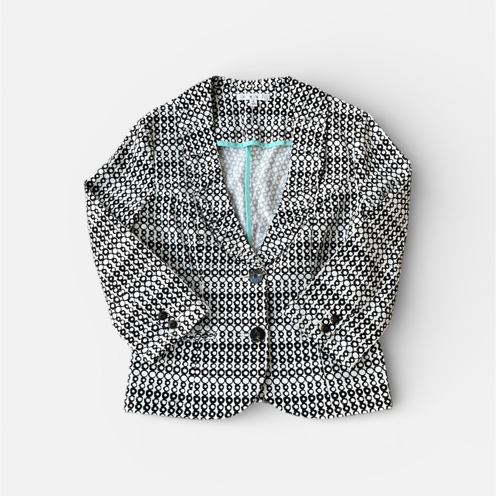 CAbi #298 Du Jour Cropped Blazer in Black & White Geometric Circle Print Size 4